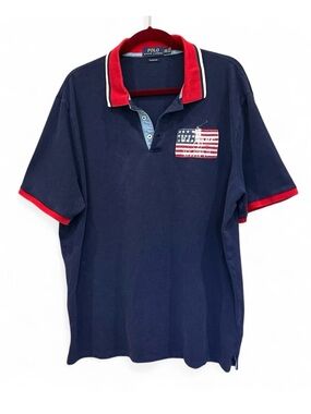 Polo by Ralph Lauren Navy Polo w Red Trim & Flag Patch XXL  EUC patriotic
